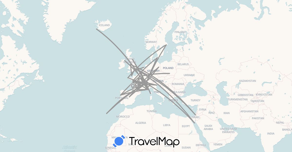 TravelMap itinerary: plane in Switzerland, Germany, Denmark, Egypt, Spain, France, United Kingdom, Israel, Iceland, Italy, Jersey, Netherlands, Poland, Portugal, Sweden (Africa, Asia, Europe)